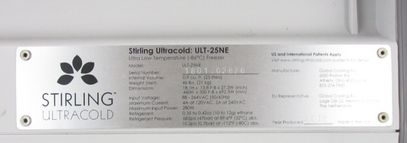 Stirling ULT-25NE Ultracold Temperature Freezer, 86 deg C *used working*