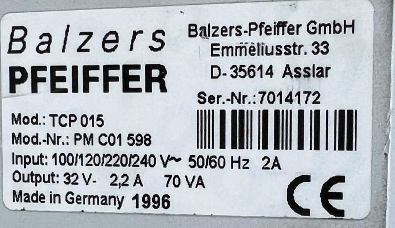 Balzer Pfeiffer TMH-064 TCP 015 Turbo Pump and Controller *used working