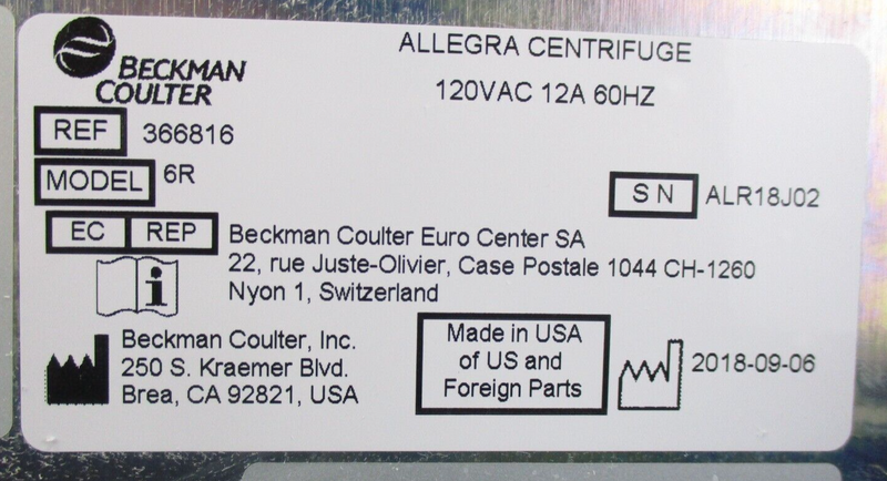 Beckman Coulter Allegra-6R Refrigerated Benchtop Centrifuge *used tested working