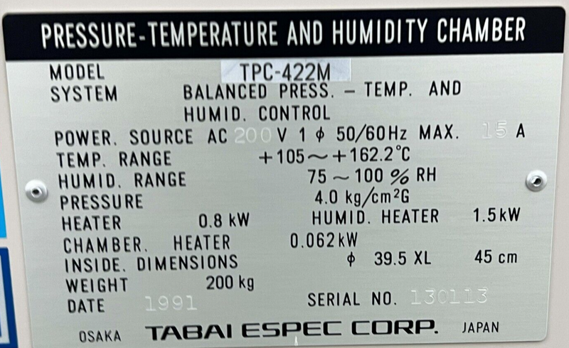 Tabai Espec TPC-422M Pressure Temperature and Humidity Chamber HAST * working