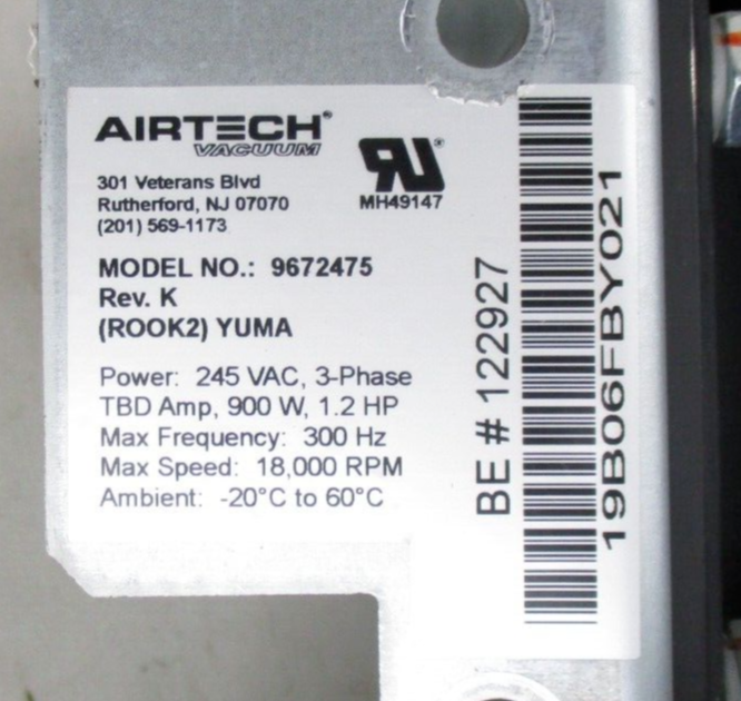 Airtech 9672475 Regenerative Blower 9673051 Velocity Meter Micro Sensor 031302