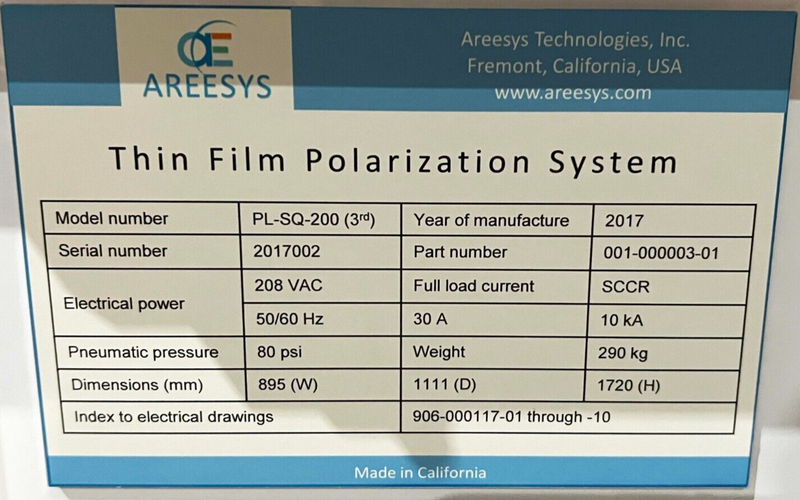 Areesys PL-SQ-200 Thin Film Polarization System *untested