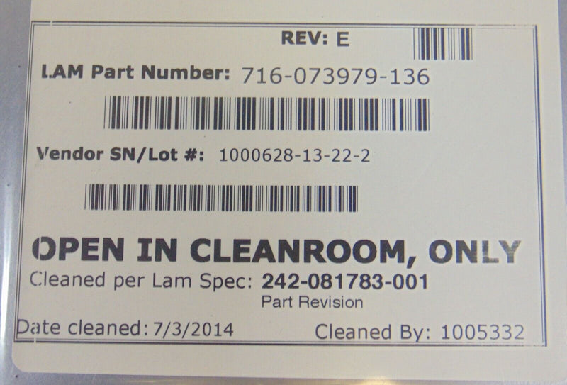 LAM Research 716-073979-136 Plate *new surplus, 90 day warranty*