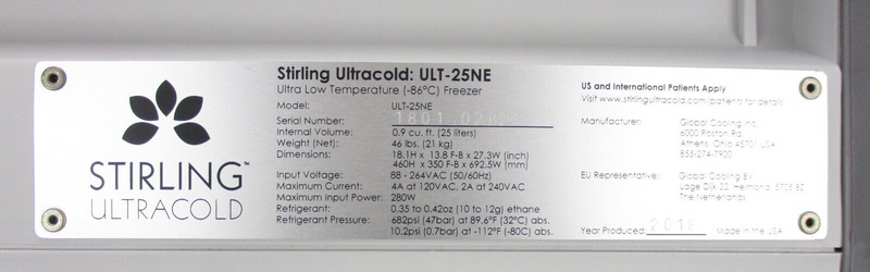 Stirling ULT-25NE Ultracold Temperature Freezer, 86 deg C *used working