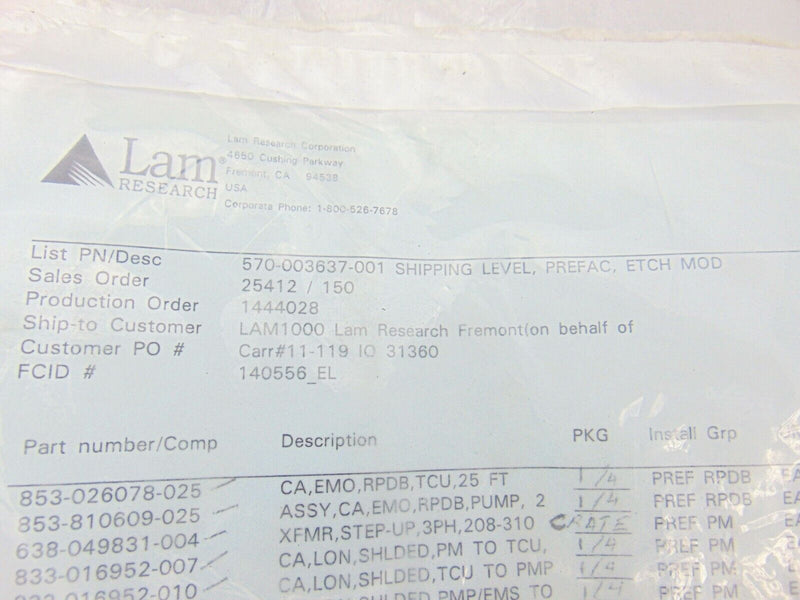 LAM 570-0003637-001 Shipping Level Preface Etch Mod *new surplus - Tech Equipment Spares, LLC