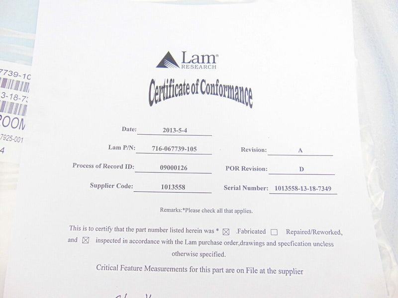 LAM Research 716-067739-105 A Quartz Ring *new surplus - Tech Equipment Spares, LLC
