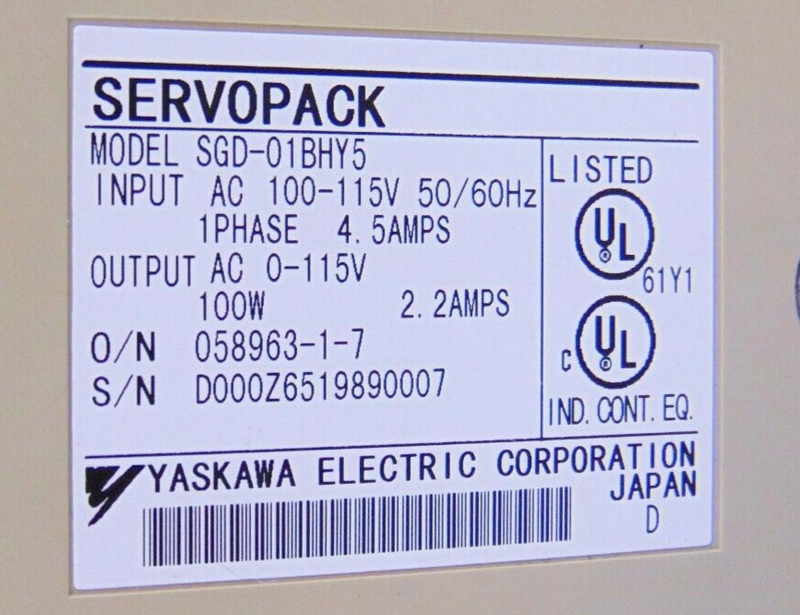 Yaskawa SGD-01BHY5 Servopack Servo Drive *used working - Tech Equipment Spares, LLC