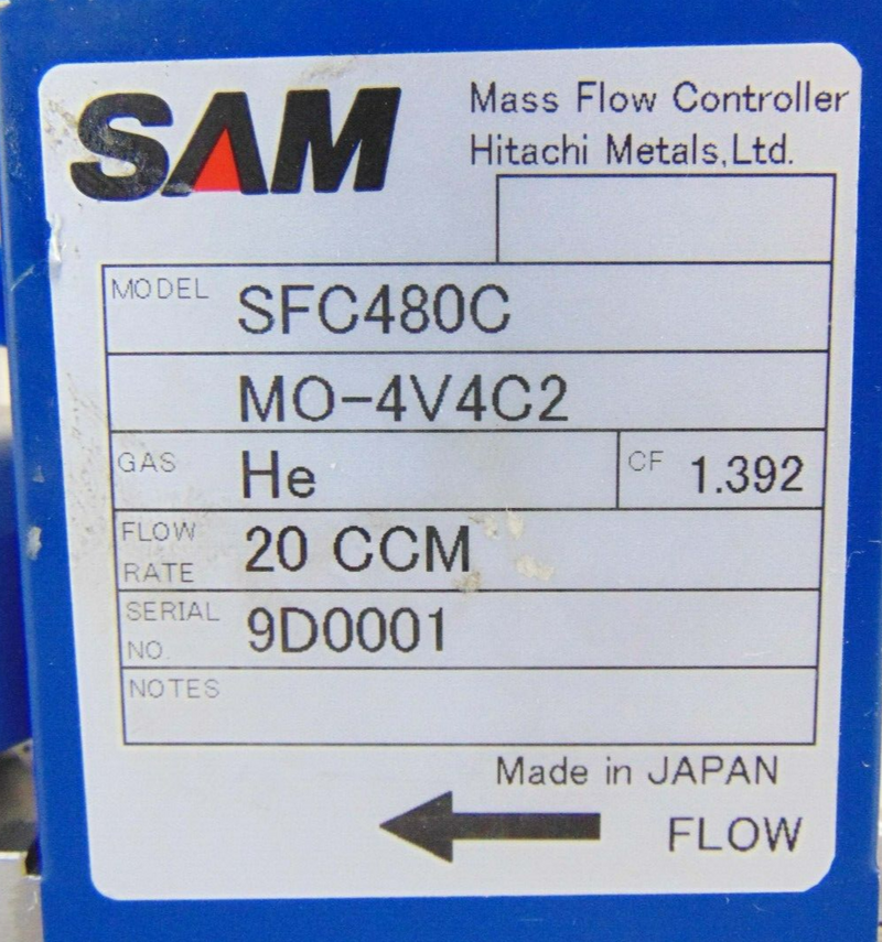 SAM SFC-480C Mass Flow Controller, He 20sccm *used working - Tech Equipment Spares, LLC