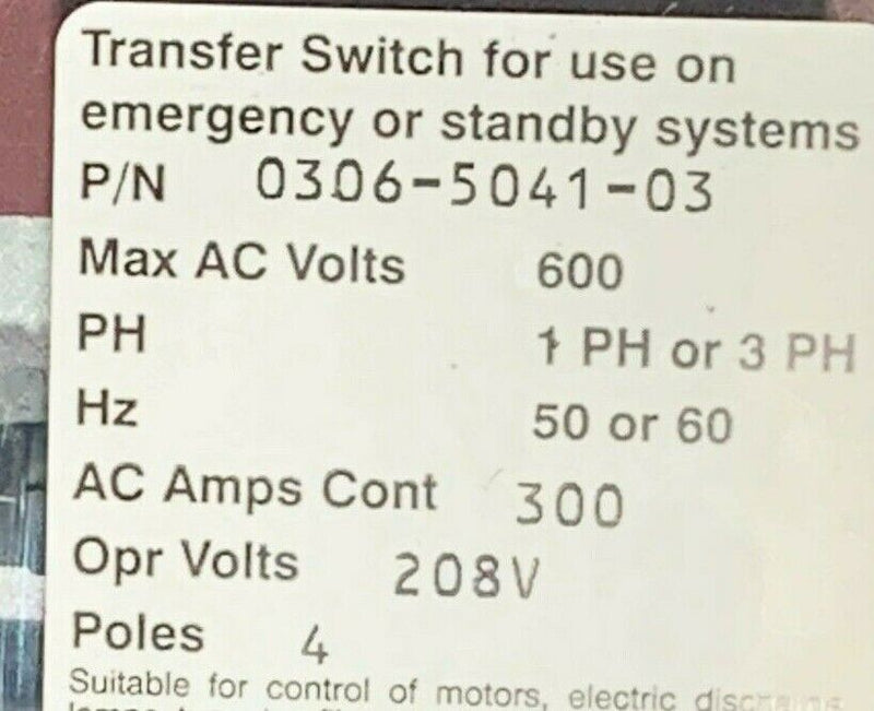 Cummins OTPCC-1217878 0306-5041-03 PowerCommand Transfer Switch 600VAC 300A - Tech Equipment Spares, LLC