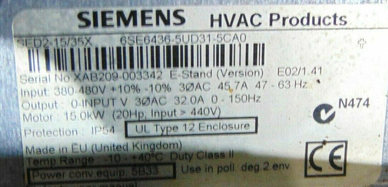 Siemens SED2-15/35X 6SE6436-5UD31-5CA0 HVAC Drive, 32A, 0-150Hz, 3PH, 20HP - Tech Equipment Spares, LLC