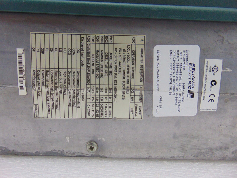 Rockwell Reliance VTAC 7 GV3000/SE 20V4260 HVAC Drive (20 HP 15KW) *used working - Tech Equipment Spares, LLC