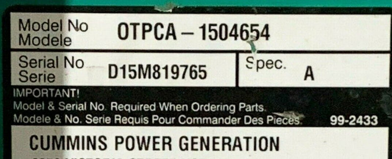 Cummins OTPCA-1504654 0306-5025-05 PowerCommand Transfer Switch 600VAC 125A - Tech Equipment Spares, LLC