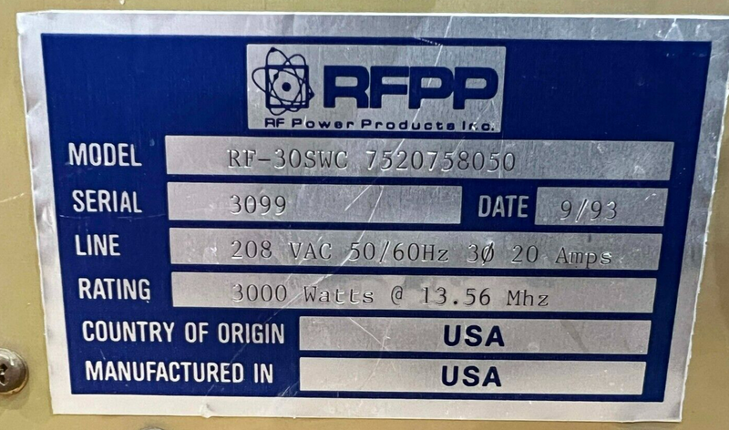 RFPP RF-30SWC 7520758050 RF Generator *non-working, sold as-is - Tech Equipment Spares, LLC