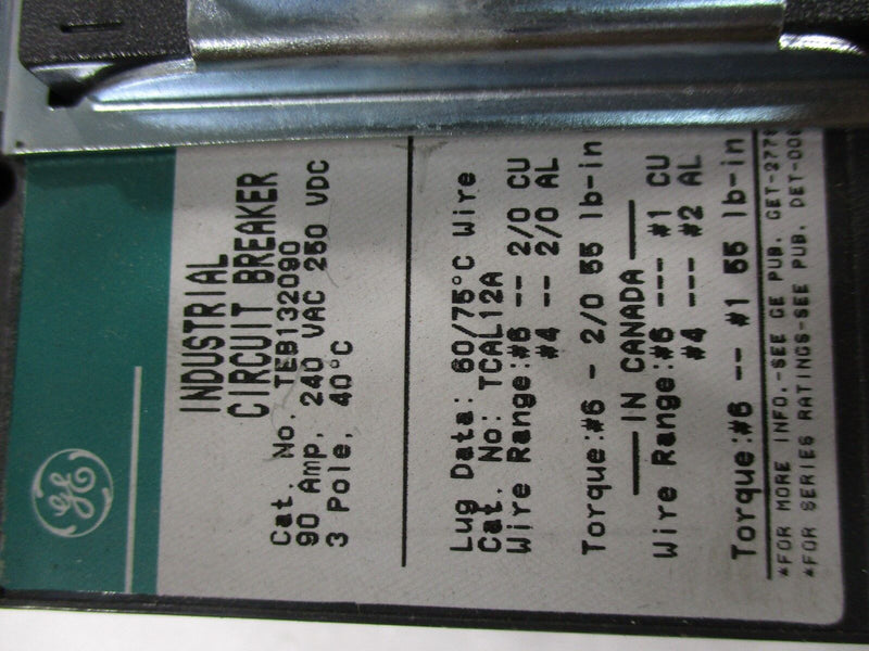 GE General Electric TEB132090 Circuit Breaker 90 Amp 240 V 3 P (Used Working) - Tech Equipment Spares, LLC
