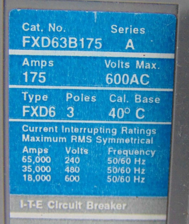 Siemens FXD63B175 ITE Sentron Circuit Breaker 175A, 600VAC, 3 Pole *used working - Tech Equipment Spares, LLC