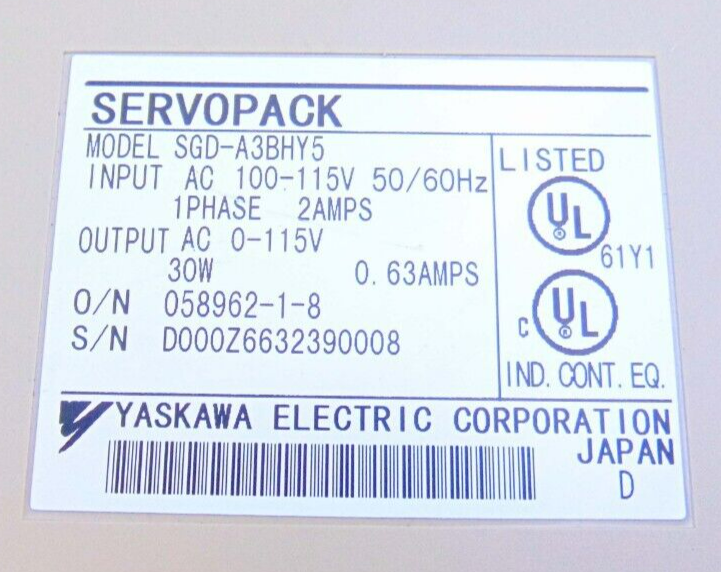 Yaskawa SGD-A3BHY5 ServoPack Servo Drive *used working - Tech Equipment Spares, LLC