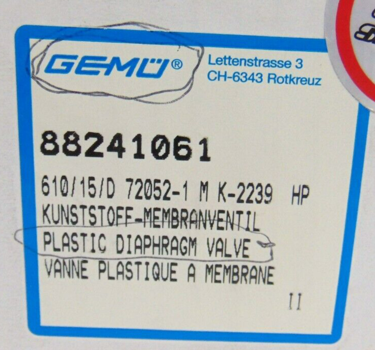 GEMU ICH-8824106-00-134199 Plastic Diaphragm Valve *new surplus - Tech Equipment Spares, LLC
