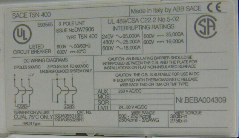 ABB SACE T5N 400 Tmax Circuit Breaker *new surplus - Tech Equipment Spares, LLC