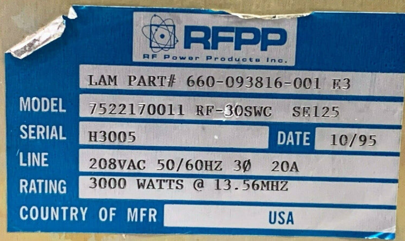 Advanced Energy RFPP RF30H RF-30SWC 7522170011 660-093816-001 E3 RF Generator - Tech Equipment Spares, LLC