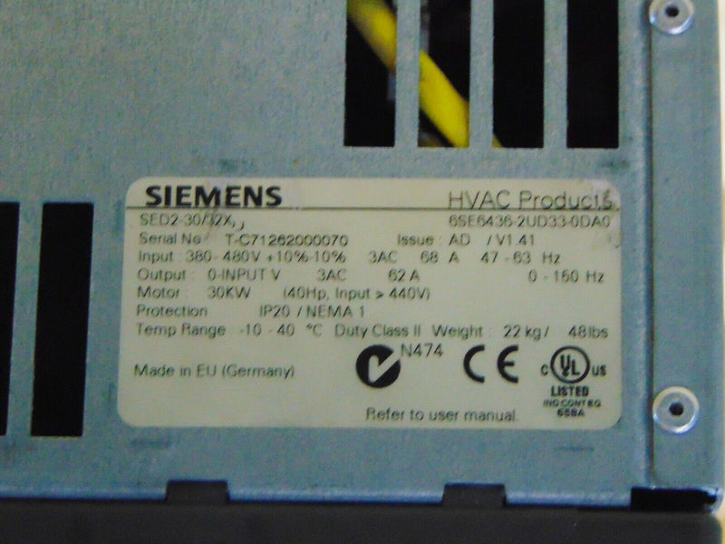 Siemens SED2-3032X 6SE6436-2UD33-0DA0, 62A, 0-150 Hz, 3PH, 40HP *untested - Tech Equipment Spares, LLC