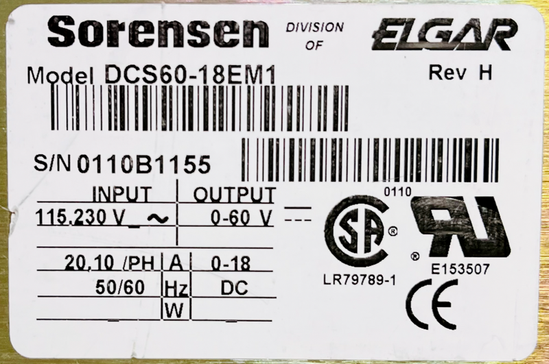 Elgar Sorensen DCS60-18EM1 Power Supply 0-60 V 0-18A *used working - Tech Equipment Spares, LLC