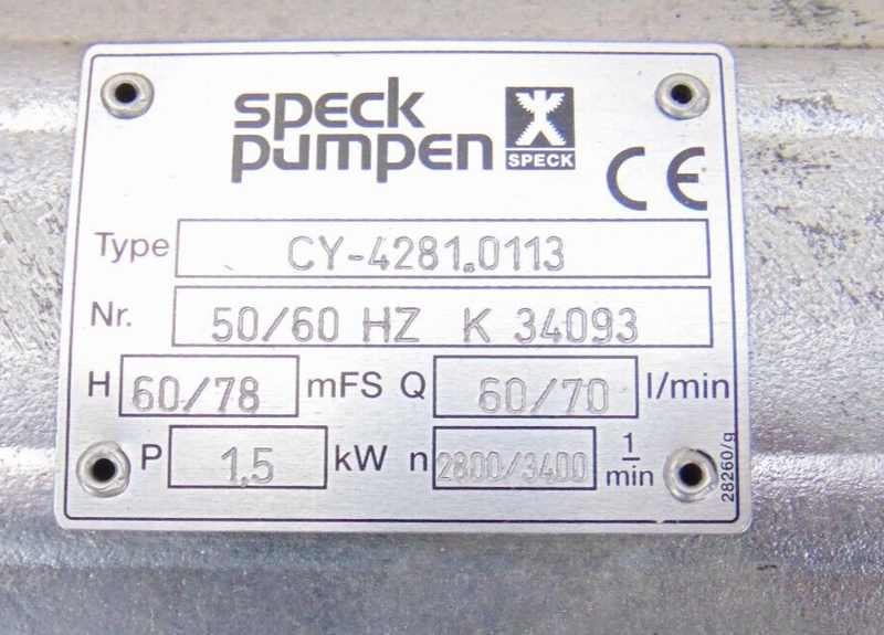 Speck Pumpen CY-4281.0113 Pump *used working - Tech Equipment Spares, LLC