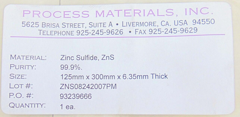 Process Materials ZNS08242007PM Target 125mm x 300mm x 6.25mm Zinc Sulfide, ZnS - Tech Equipment Spares, LLC