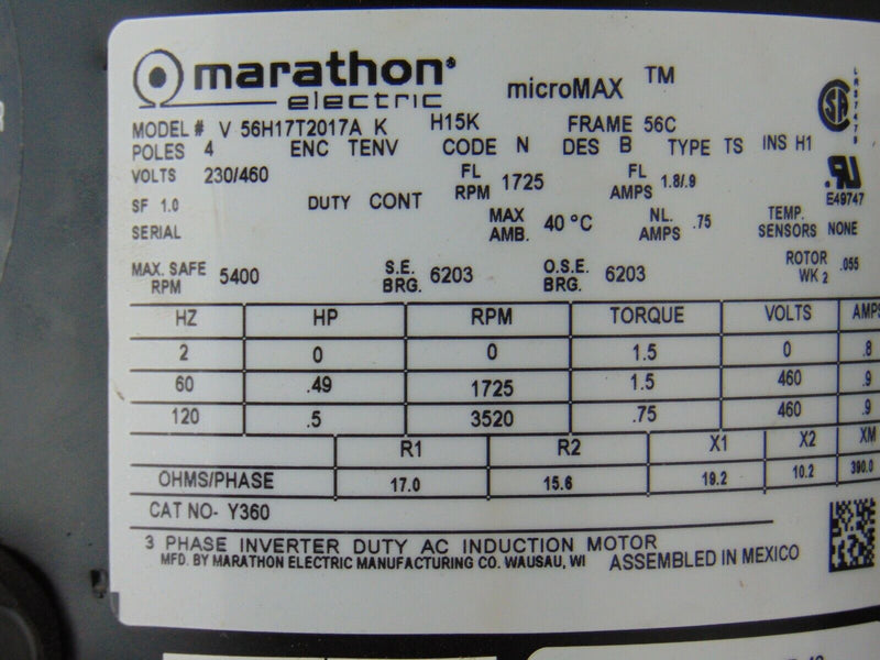 Marathon V 56H17T2017A K H15K Micro Max Inverter Duty Motor *used working - Tech Equipment Spares, LLC