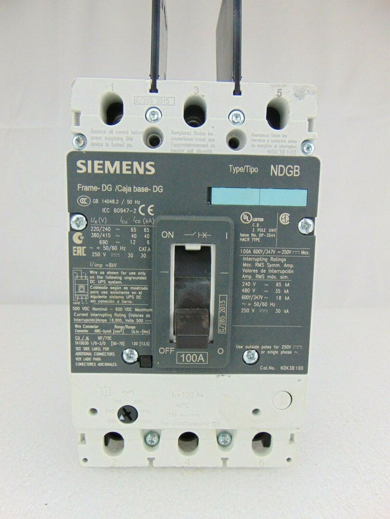 Siemens NDK3B100L Circuit Breaker Type NDGB 100A 3PH *used working - Tech Equipment Spares, LLC