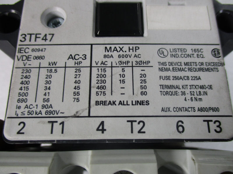 Siemens 3TF47 22-0AM1 Contactor 80A 600V (Used Working, 90 Day Warranty) - Tech Equipment Spares, LLC