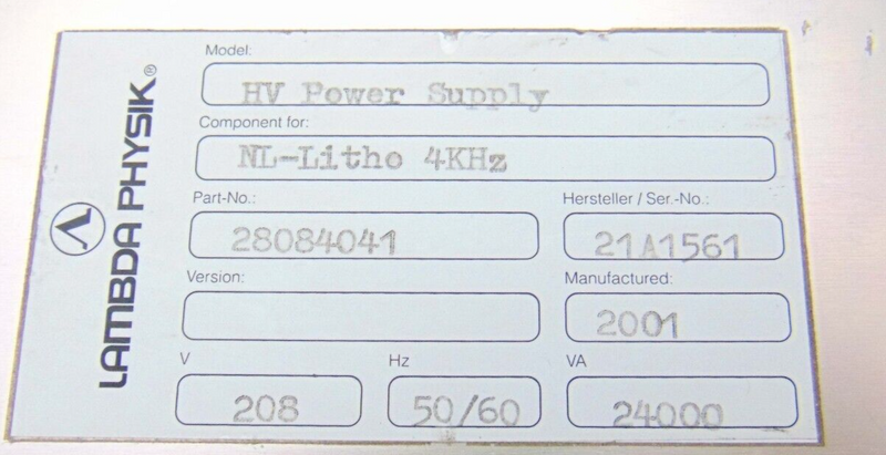A.I.E. Systems Lambda EMI 0049034 28084041 HV Power Supply Rev 3 NL-Litho 4KHz - Tech Equipment Spares, LLC