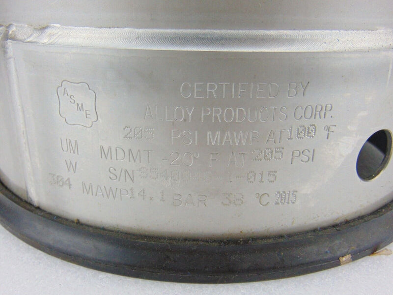 Alloy Products 205 PSI MAWP at 100F UM MDMT 20F at 205 PSI  304 MAWP14.1 BAR 38C - Tech Equipment Spares, LLC