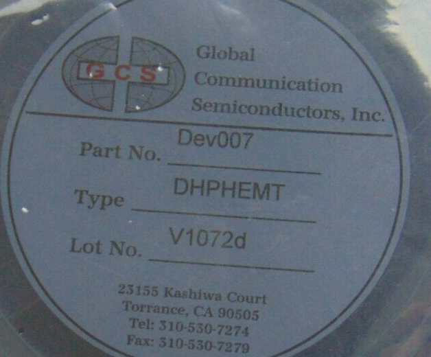 Global Communication Semiconductor GCS DEV007 DHPHEMT 3-inch Wafer, 28-Piece - Tech Equipment Spares, LLC