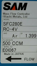 SAM SFC280E Mass Flow Controller 500ccm Ar (Used Working, 90 Day Warranty) - Tech Equipment Spares, LLC