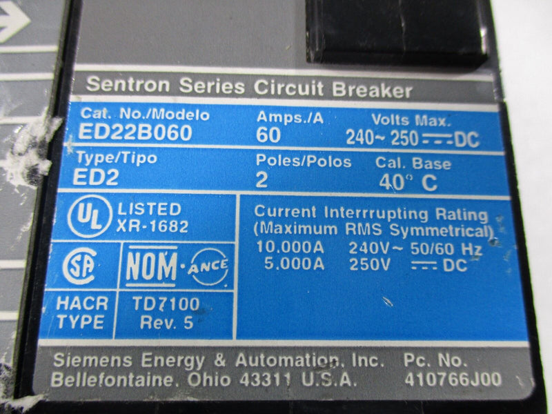 Siemens ED22B060 Circuit Breaker 60 Amp 240-250 Volt 2 Pole (Used Working) - Tech Equipment Spares, LLC