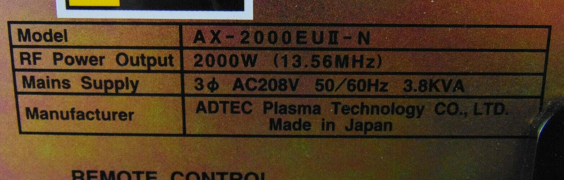 ADTec AX-2000EUll-N AX-2000EUll RF Generator *untested, sold as-is - Tech Equipment Spares, LLC