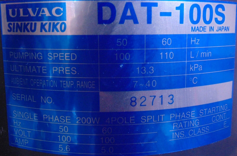 Ulvac DAT-100S Single Stage Diaphragm Vacuum Pump *used working* - Tech Equipment Spares, LLC