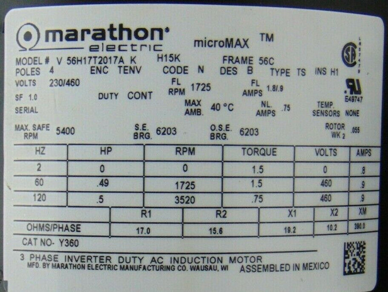 Marathon V 56H17T2017A K H15K Micro Max Inverter Duty Motor *used working - Tech Equipment Spares, LLC