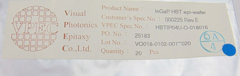 Visual Photonics Epitaxy HBTIP04U-O-018016 E InGaP HBT Epi Wafer 100mm, 20-Piece - Tech Equipment Spares, LLC